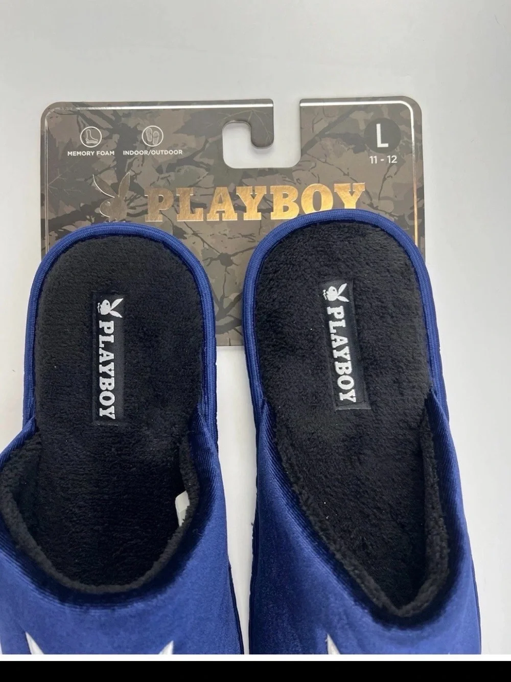 PLAYBOY Memory Foam Indoor Outdoor Navy Blue/White Slippers Mens Sz L